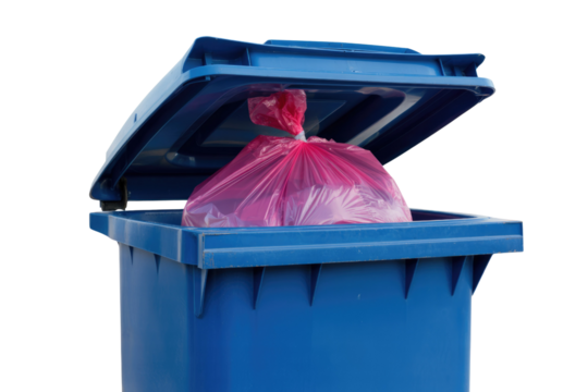 A blue wheelie bin with its lid open, containing a pink plastic garbage bag. background removed