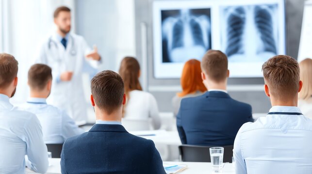A medical professional leads a lecture or presentation for a group of attentive students, utilizing radiographic imagery as a visual aid within a modern classroom setting.