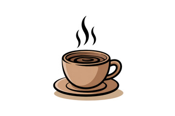Obraz premium A steaming cup of coffee on a saucer, cartoon style illustration. background removed