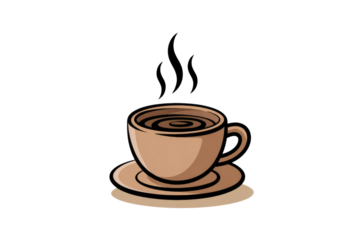 A steaming cup of coffee on a saucer, cartoon style illustration. background removed