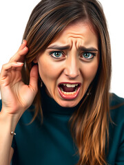 Emotion of disgusted woman isolated on white