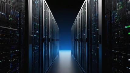 Modern server room with glowing lights, a pathway to digital innovation and data processing. - Powered by Adobe