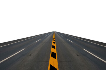Fototapeta premium Asphalt road with yellow and black stripes vanishing into a transparent background. background removed