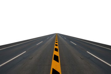 Asphalt road with yellow and black stripes vanishing into a transparent background. background removed