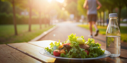 Lifestyle Wellness. Healthcare concept with morning exercise and healthy vegetable salad and water...