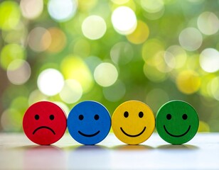 Four painted wooden emojis on a surface