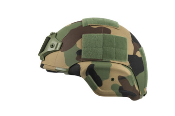 Camouflage military helmet with side view,  showing tactical accessories and design details. background removed