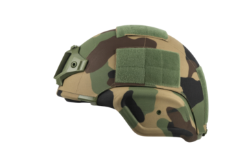 Camouflage military helmet with side view,  showing tactical accessories and design details. background removed