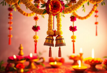 Naklejka premium Indian festival background with Flower garland decoration toran bells for Happy Diwali, Dussehra Dasara Wedding Invitation