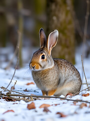 Eastern cottontail rabbit sitting in a winter forest.