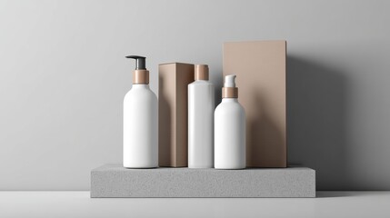 Minimal cosmetic bottles and boxes arranged neatly on grey concrete block