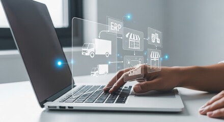 Businessperson Utilizing Laptop with Integrated Supply Chain Management Interface