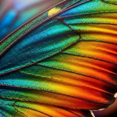 A close-up view of a butterfly wing showcasing a vibrant array of iridescent colors, with a detailed texture of tiny scales.