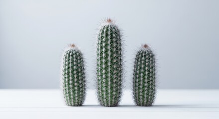 Three Columnar Cacti with Spines on a Neutral Background