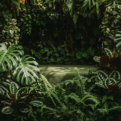 Lush tropical jungle oasis with natural podium for product display, serene botanical backdrop