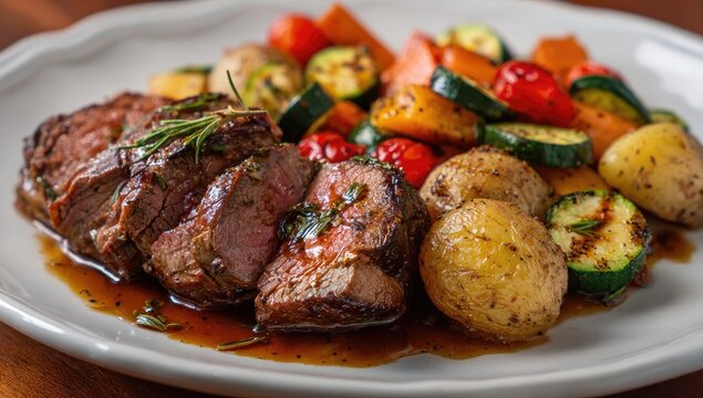 Sliced grilled filet mignon with rosemary, served alongside roasted potatoes, zucchini, carrots, and cherry tomatoes in a rich brown sauce on a white plate