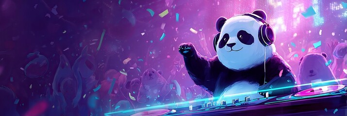 A playful panda DJ energizes a vibrant party with colorful lights and confetti.