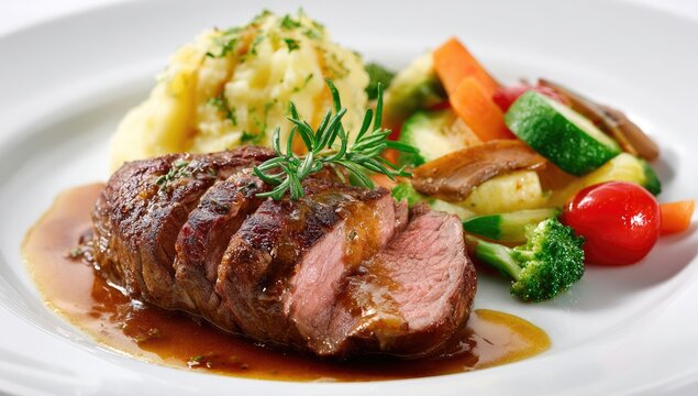 Sliced grilled meat, glistening with a rich brown sauce, served with creamy mashed potatoes and a medley of steamed vegetables including carrots, zucchini, mushrooms, and broccoli.
