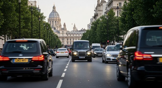 Hearse and motorcade proceed down a London street with grand architecture.