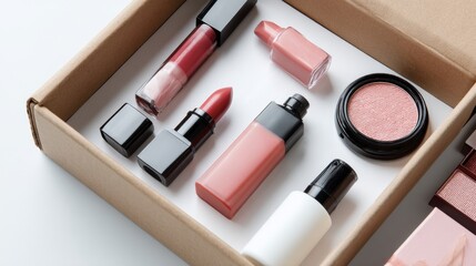 Obraz premium Cosmetic makeup kit with lipsticks and powders arranged inside cardboard box