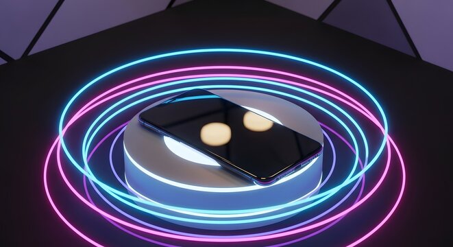 A modern smartphone rests on a rotating platform, illuminated by neon lights.