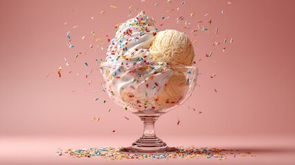 Ice cream sundae with whipped cream and colorful sprinkles against a pink background