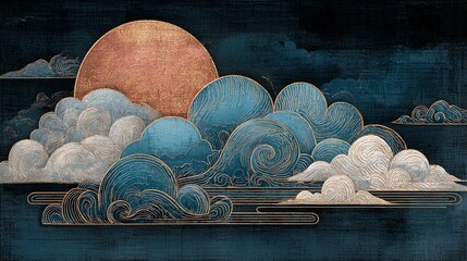 An evocative depiction of swirling clouds and a radiant sun, rendered in a textured, mosaic-like style, conveys a sense of serene power and atmospheric depth, capturing a dreamlike quality.