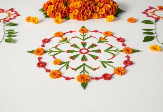 marigold flowers and mango leaves rangoli designs on white background - Powered by Adobe