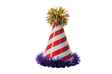 Red and white striped party hat with a gold top and purple base. background removed