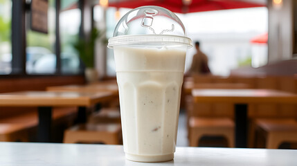 photo of a delicious banana milkshake in a transparent plastic cup with a dome plastid lid. tables in the background