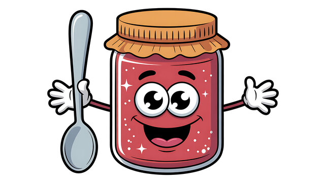 A sparkly, smiling jam jar cartoon character holding a spoon. - Powered by Adobe