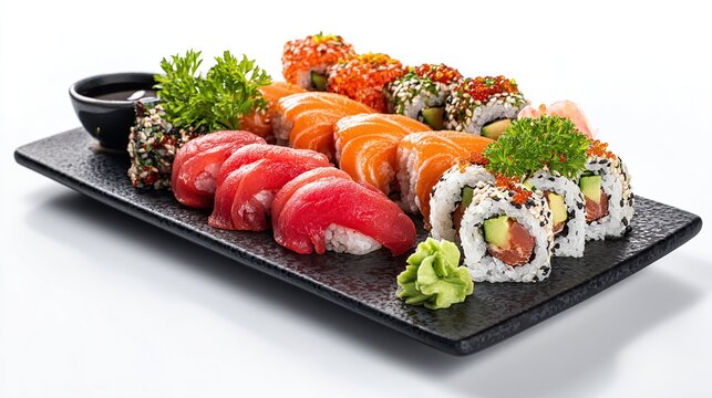 Elegant sushi platter with various types of sushi rolls, nigiri and fresh garnishes - Powered by Adobe