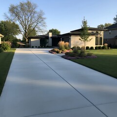 A spacious, light-gray concrete driveway leads to a modern, light beige home with well-manicured landscaping.