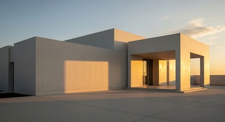 Modern concrete building with geometric shapes at sunset
