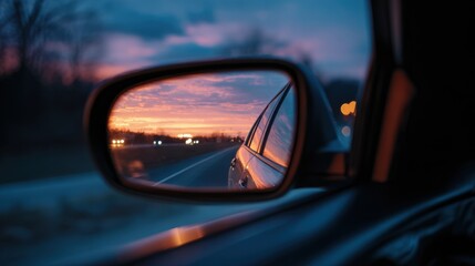 Sunset Journey: The car's side mirror reflects the scenic beauty of the sunset as it drives along the open road. It depicts the beauty of time passing.