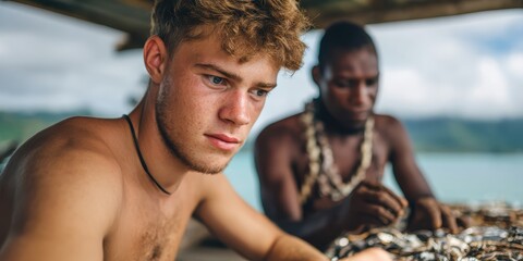 A young man focuses intently while seated near another person crafting jewelry by the water, showcasing a scene of cultural engagement and creativity.