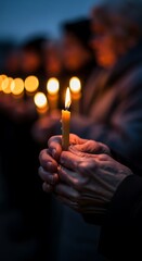 A warm candlelight vigil, hands holding a flame, evoking a quiet moment of remembrance and solidarity.