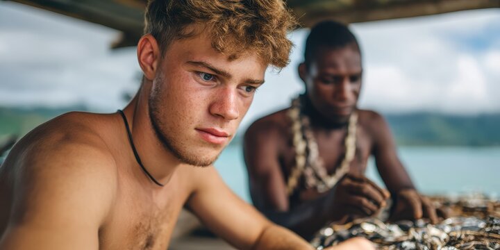 A young man focuses intently while seated near another person crafting jewelry by the water, showcasing a scene of cultural engagement and creativity. - Powered by Adobe