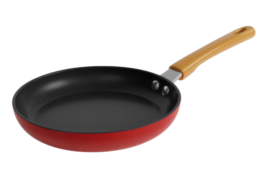 Red frying pan with a wooden handle, isolated on a transparent background. Perfect for cooking. background removed