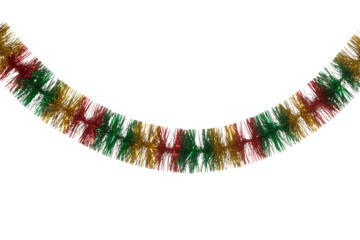 A festive Christmas tinsel garland in red, green, and gold, perfect for holiday decorations. background removed