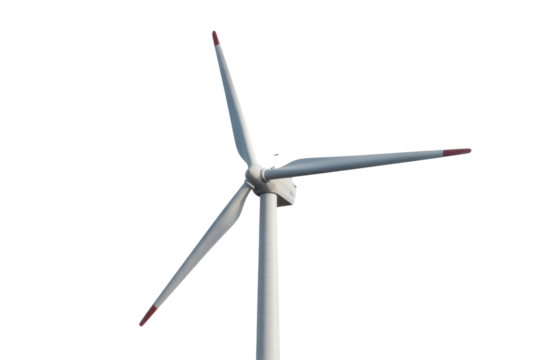 A three-bladed wind turbine, isolated on a transparent background, generating clean energy. background removed
