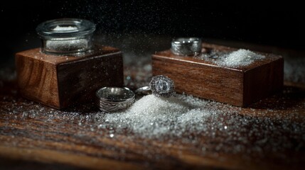 Rustic salt containers and wooden boxes arranged together on studio background
