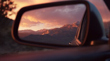 Fototapeta premium Mirror Reflection: A breathtaking view of a mountain range is reflected in the side mirror of a car, the sky awash in the warm hues of a sunset, evoking a sense of journey and perspective.