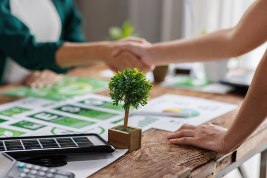 Close up of business people shaking hands over ESG strategic commitment workshop, SDGs report, global warming, green finance investment eco friendly and net zero waste in boardroom training building.
