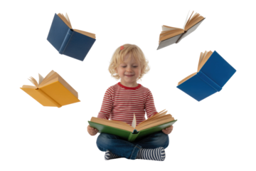 A toddler joyfully reads a book, surrounded by magically floating books. background removed