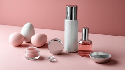 Cosmetic bottles and eggs arranged creatively on pastel surface with shadows