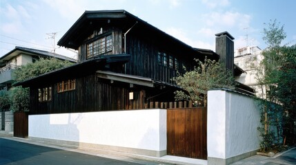 Obraz premium Traditional Japanese Wooden House Surrounded by Nature in Urban Setting with Unique Architecture and Design Features