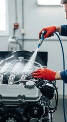 Fototapeta premium Automotive Technician Cleans Engine with Spray Tool