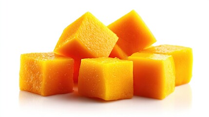 Freshly cut, bright orange mango cubes piled on a white surface. Natural and delicious.