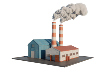 3D model of a small factory emitting smoke from its chimneys, showcasing industrial pollution. background removed